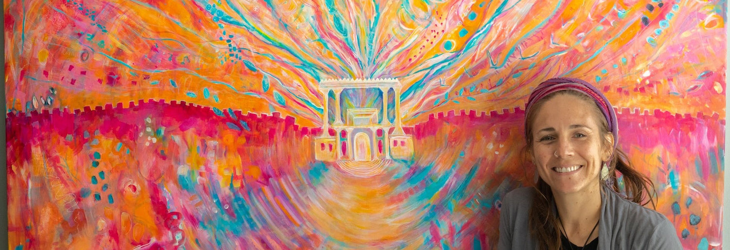 Israeli Abstract Visionary Artist Avigail Sapir in front of Psychedelic Spiritual Temple Painting